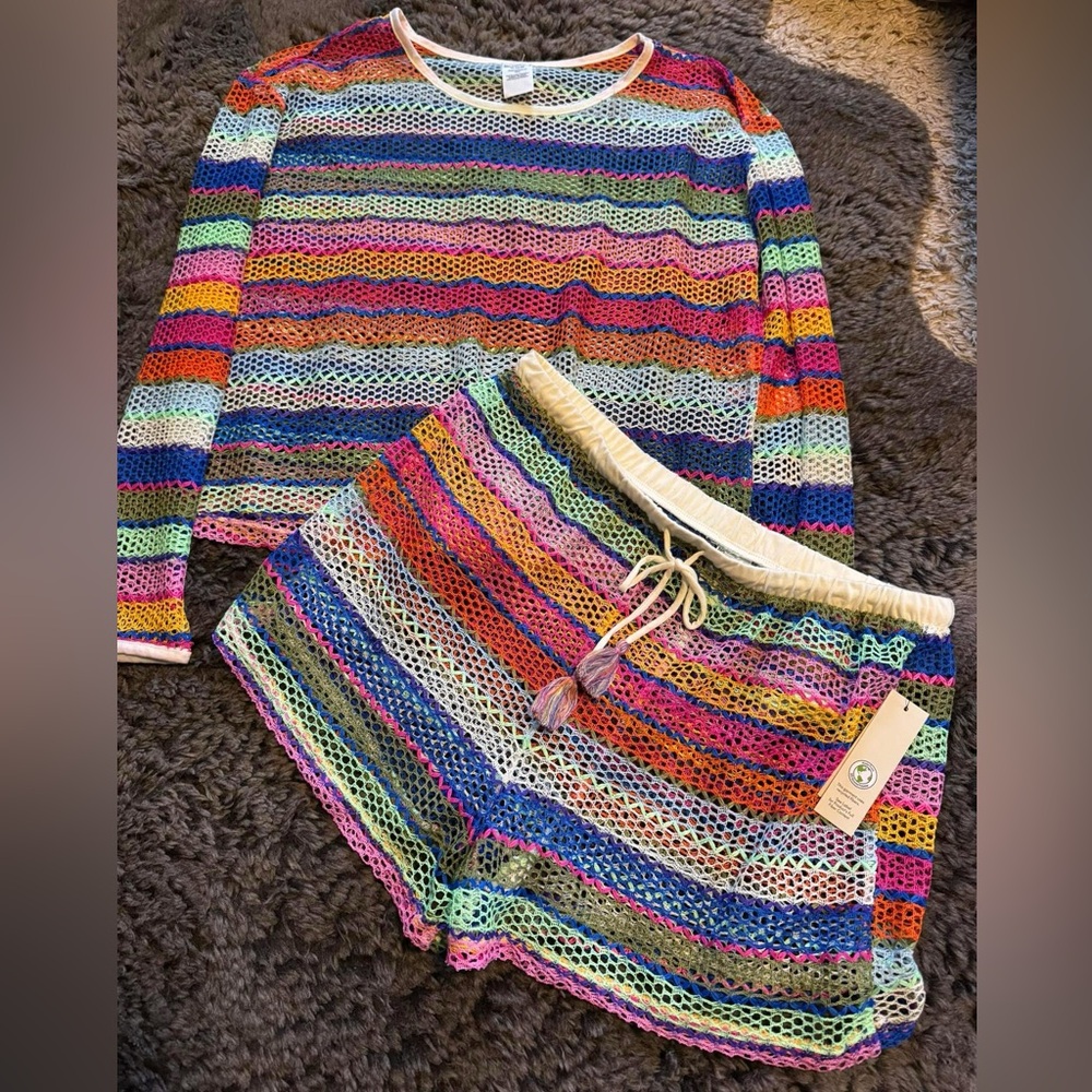 Colorful Striped Crochet Two-Piece Bathing Suit Cover